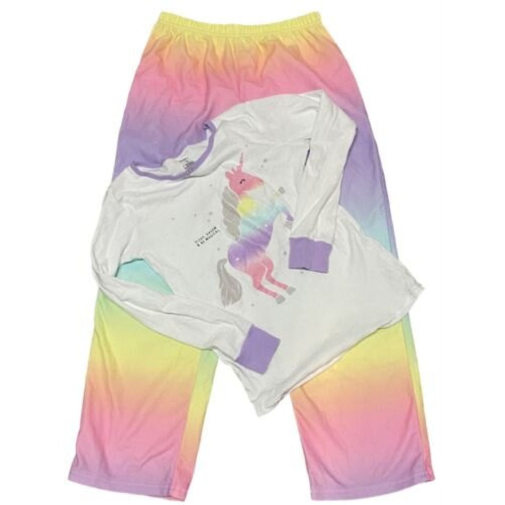 Carter’s Big Girls Size 12 Pajama Set Pastel Rainbow Fleece Lined Unicorn Long